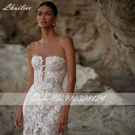 Lhuillier Customized Strapless Lace Mermaid Wedding Dresses Sleeveless Beaded Bridal Dress with Chapel Train