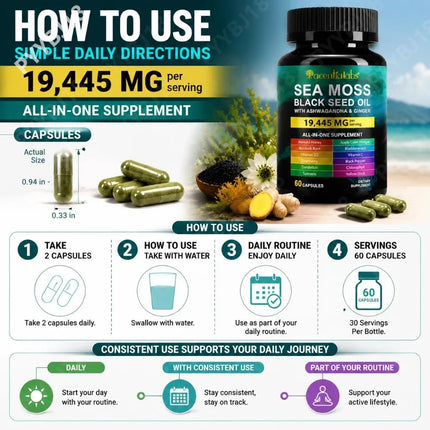 Acentialabs Sea Moss Black Seed Oil Capsules with Ashwagandha Vitamin C and Vitamin D3 Immune Energy & Detox Support 60 Capsules