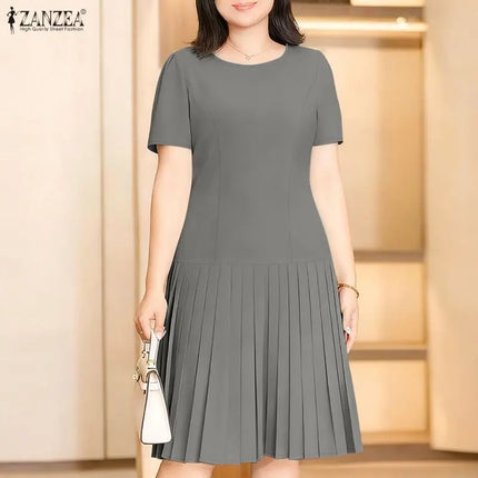 ZANZEA Women 2026 Summer Dress Elegant Pleated Dresses Stylish Office Work Midi Sundress Short Sleeve Knee Length Robe Vestidos