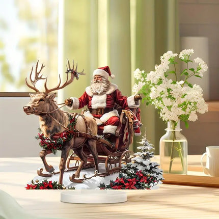 ^1Pc Santa Claus Reindeer Sled Tabletop Decoration With Base 2D Acrylic Christmas Ornaments 2025 Xmas Navidad Party Supplies