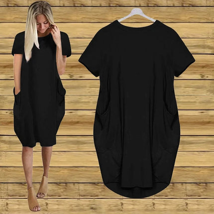 Plus Size Women Short Sleeve O-Neck Loose Casual Dresses Casual Short Sleeve Shirt Mini Dresses Round Neck Pockets Sexy Female T