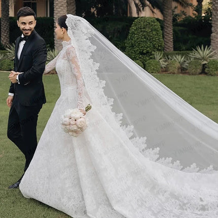 Lace Wedding Dresses High Neck Long Sleeve A Line Bride Dress Sweep Train Princess Bridal Gown Vestido De Novia Customized