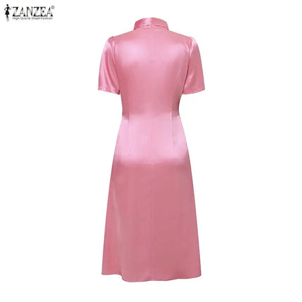 Women's Elegant Pink Satin Party Dress Tie-Neck Short Sleeves Fit and Flare A-Line Midi Dresses ZANZEA Woman Evening Robes 3XL
