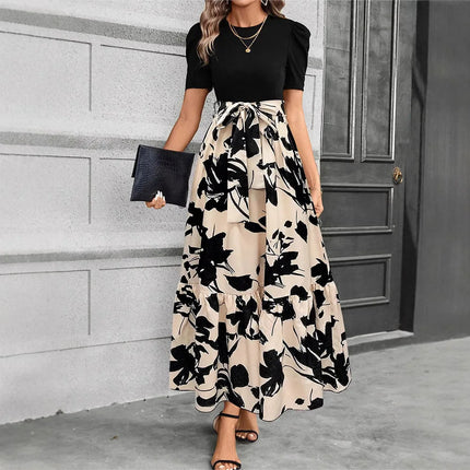 Elegant Floral Print Round Neck Long Dresses Women Short Sleeve High Waist Lace-up Office Lady Holiday Party Dresses Vestidos
