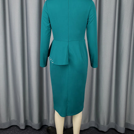 Elegant Church Dresses Long Sleeves 3D Flower Beading Women Peplum O Neck Long Sleeves Midi Evening Party Wedding Guest Autum