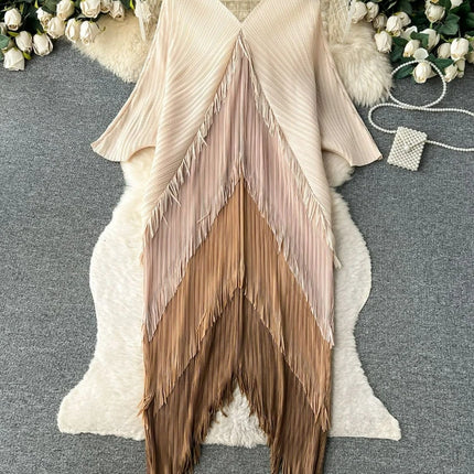 Miyake Tassel Patchwok Color Block Dress for Women Pleated Batwing Sleeve Mid-calf Dresses Fashion Female 2025 Summer