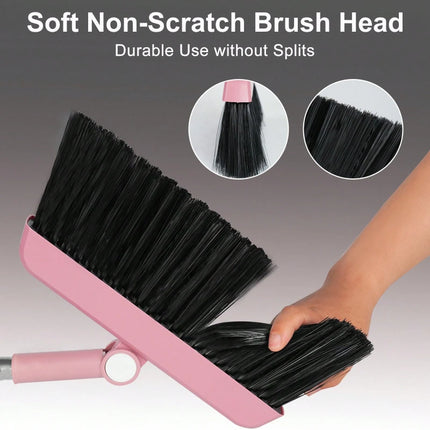 Pink 3 in 1 Broom Dustpan Set Foldable with Comb Adjustable Handle for Pet Hair Floor Cleaning