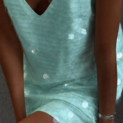Sexy Sequin Lace Trim Patchwork Short Dress Women V Neck Sleeveless High Waist Mini Sling Dresses 2026 Summer Vacation Lady Robe