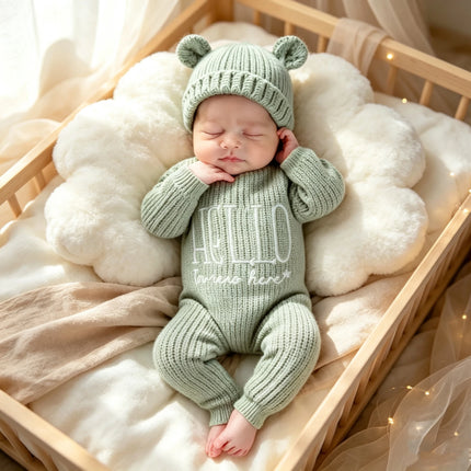 Ylsteed "Hello" Embroidery Knitting Newborn Birth Announcement Outfits Baby Bear Ears Photography Jumpsuit Infant Photo Props