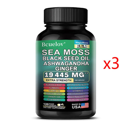 Sea Moss Capsules with Black Seed Oil Ashwagandha Turmeric Complex, Energy Immune Digestive Skin & Stress Relief Support
