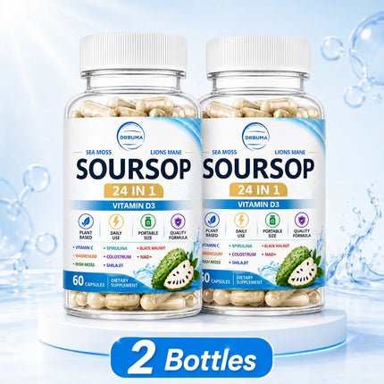 Soursop 24-in-1 Plant Nutrient Capsules, 60 Capsules – Portable Daily Dietary Supplement for Adults, Rich in Multiple Nutrients, Ideal for Home, Office and Travel Use, European & American Style Wellness Management Nutrition