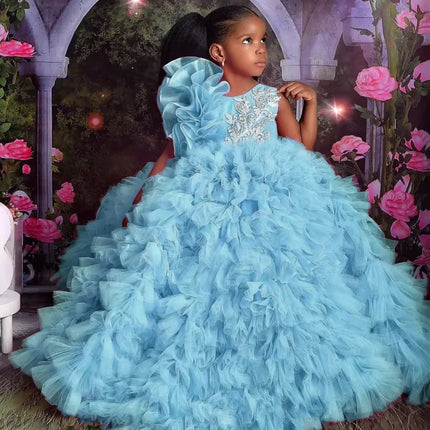 Customized Rose Pink Flower Girl Dresses Tulle Puffy White Embroidery Sleeveless For Wedding Birthday Prom Holy Communion Gowns