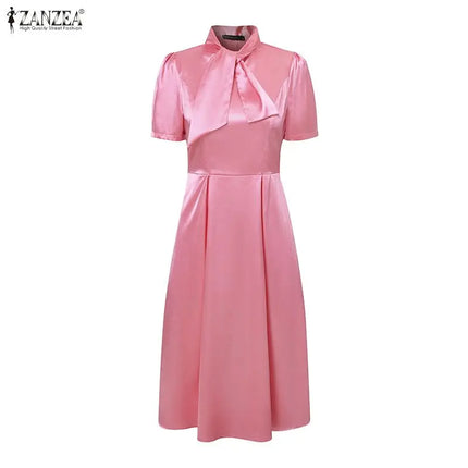 Women's Elegant Pink Satin Party Dress Tie-Neck Short Sleeves Fit and Flare A-Line Midi Dresses ZANZEA Woman Evening Robes 3XL