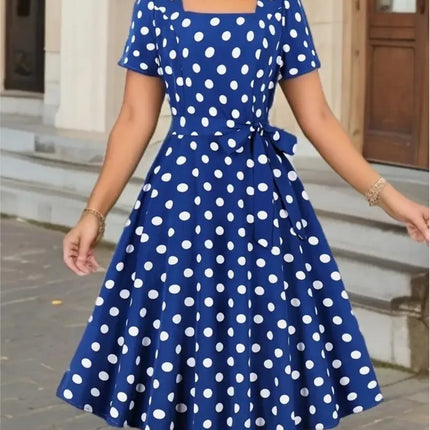 Woman Summer Elegant Midi Dress Fashion Polka Dot Print Short Sleeves High Waist Dresses Ladies Beautiful Square Collar Vestidos
