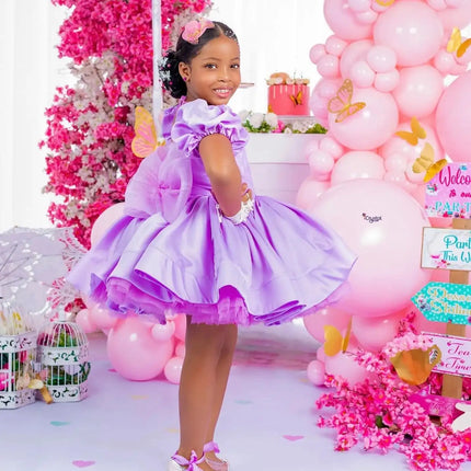 Purple Ball Gown Flower Girl Dresses Customized Tulle Bow Back Children Birthday Party Gowns O Neck Kids Wedding Dress