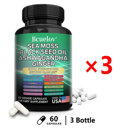Sea Moss Complex Capsules with Ashwagandha Black Seed Oil Ginger, Daily Nutrition for Thyroid Gut Immune Skin & Joint Wellness