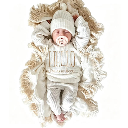 Newborn Baby 3Pcs Outfit Set ‘Hello World" Embroidery Waffle Knit Long Sleeve Top Pants Hat Infant Coming Home Clothes 0-3M