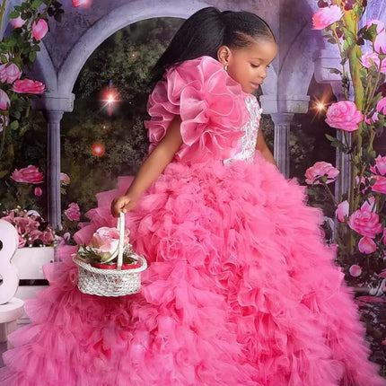 Customized Rose Pink Flower Girl Dresses Tulle Puffy White Embroidery Sleeveless For Wedding Birthday Prom Holy Communion Gowns