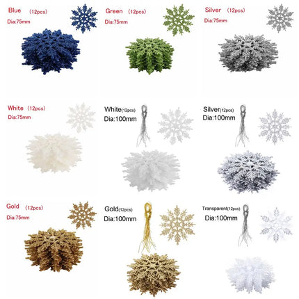 12Pcs 7.5cm Gold Powder Snowflake for Xmas Charming White Christmas Tree Decor Xmas Party Holiday Christmas Ornaments Home Decor