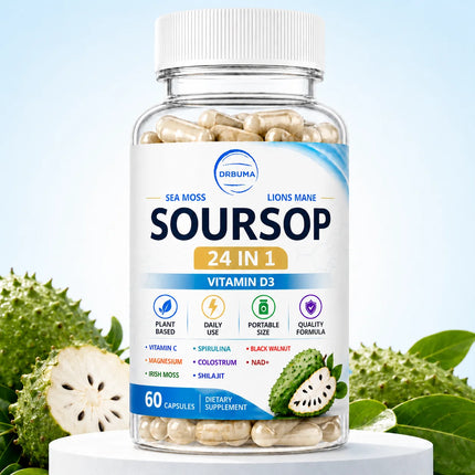 Soursop 24-in-1 Plant Nutrient Capsules, 60 Capsules – Portable Daily Dietary Supplement for Adults, Rich in Multiple Nutrients, Ideal for Home, Office and Travel Use, European & American Style Wellness Management Nutrition