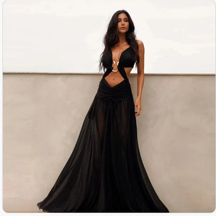 Ruched Mesh Camisole Maxi Dress Women Sexy Metal Buckle Deep V Neck Spaghetti Straps Backless Vacation Party Long Robe Beachwear