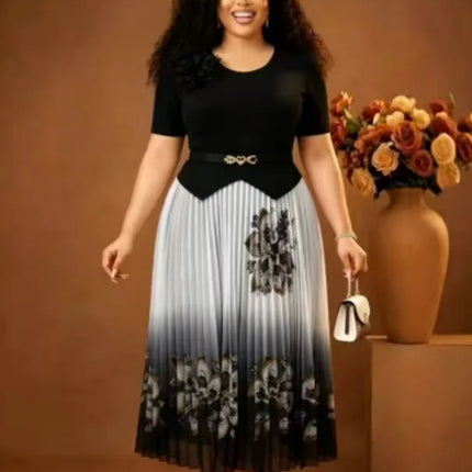 Miyake 2026 Summer New Fashion Design Sense Waist Printing Color Matching Big Pendulum Dress Elegant Women's Clothing