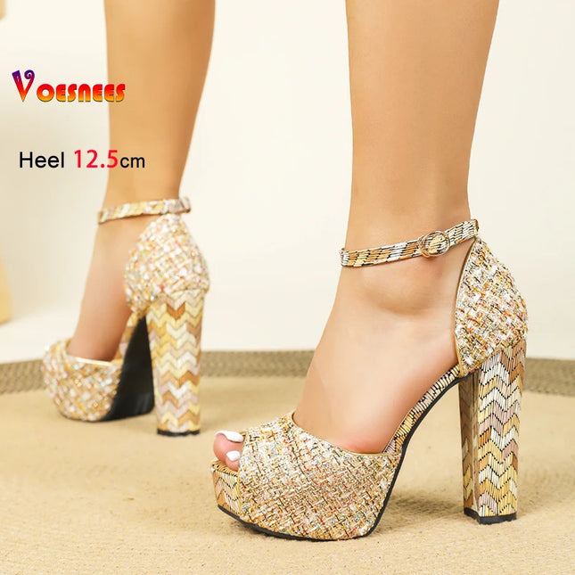 12.5CM Thick Heels Summer Fashion Women's Platform Sandals Sexy Peep Toe Europe and America Ankle Strap Party High Heeled Shoes
