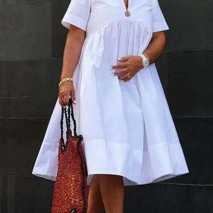 Women Short Sleeve V-Neck Pleated Midi Dresses 2026 New Loose Casual Minimalist Summer Cotton A-line Dress