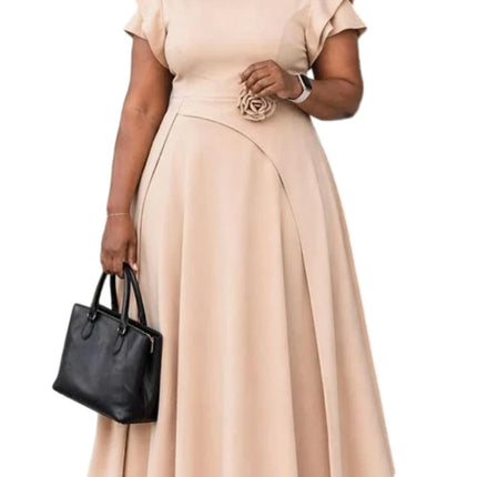 Mlaiscsr Women V Neck Ruffle Sleeve Elegant Work A-Line Midi Dresses Formal Flowy Midi Dress with Flower Waist Detail Church