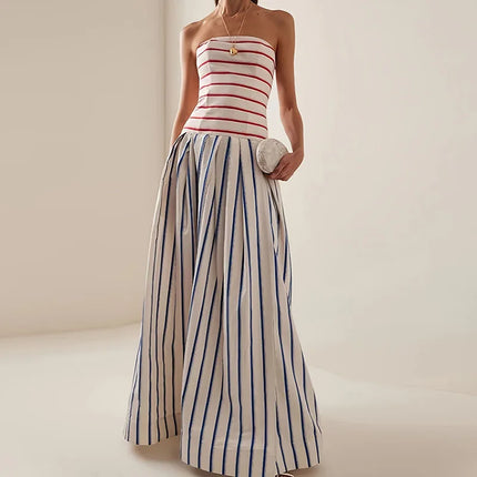 Fashion Contrast Color Stripe Printed Dress Elegant Off Shoulder Sleeveless Vacation Dress Summer Tube Tops Pleated A-line Dress