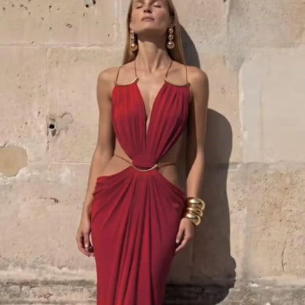 Sexy Women's Backless Dress Halter Sleeveless Waist Hollow Out Solid Female Dresses 2026 Summer Vacation Beach Fashion Lady Robe