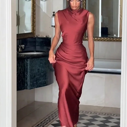 Solid Satin Cowl Neck Women's Dress Elegant Sleeveless Ruched Waist Fishtail Bodycon Lady Vestido 2026 Summer Party Dresses