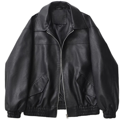 2026 Fashion Streetwear Women Retro Loose Black PU Faux Leather Jacket Spring Autumn Lady Vintage Zipper Coat Moto Biker Outwear