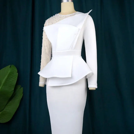 AOMEI Women White Party Dress Sexy Long Sleeve O Neck Beading Mesh Patchwork Peplum Elegant Event Evening Birthday African Gowns