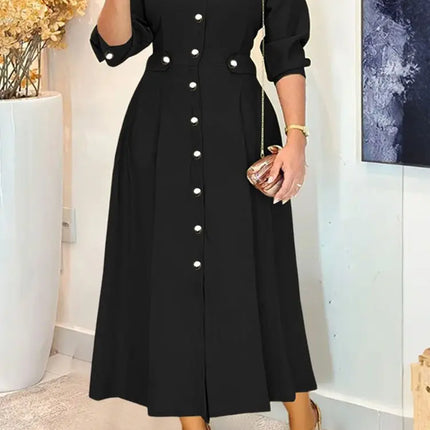 Women's Elegant Midi Dresses Plus Size Casual Mock Neck Long Sleeve Button Up A-Line Long Dress ZANZEA Autumn Woman Clothing 5XL