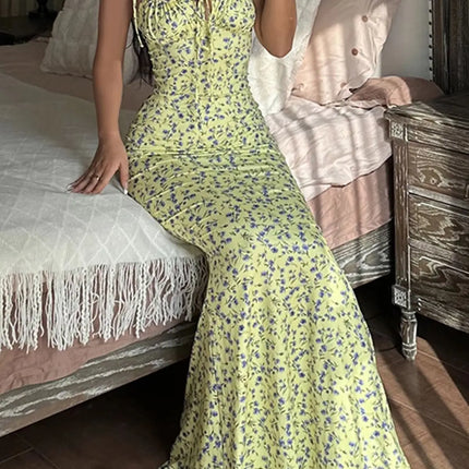 2025 Summer Floral Midi Dress Women Spaghetti Strap Tie-up V-neck Split Dress Sexy Vintage Elegant Dresses Female