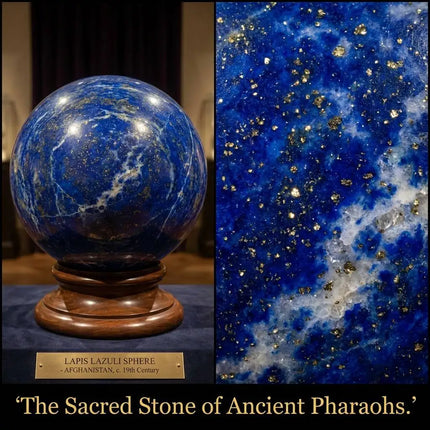Natural Lapis Lazuli Crystal Sphere Ball 5-6cm with Wood Base Large Orb Royal Blue Gold Pyrite Handmade Polished Tutankhamun Egyptian Wooden Stand Display Home Decor Desk Ornament Office Decor Room Decor Bedroom Decor Table C