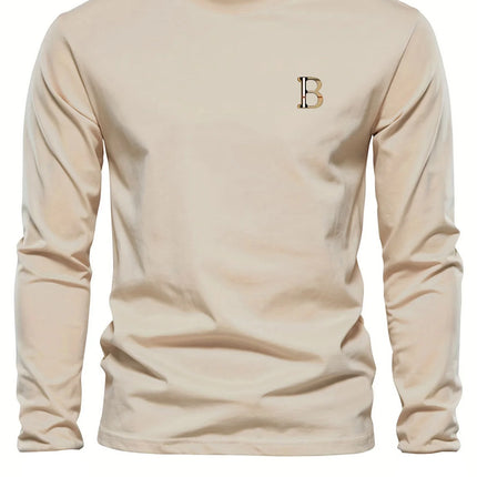 Men's 100% pure cotton loose and fashionable letter pattern printed sports and leisure round neck long sleeved T-shirt