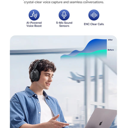 Baseus Bass Wireless Headphones Bluetooth 6.0 98% Noise Canceling Over Ear Headset Spatial Audio Earphone 80H Time