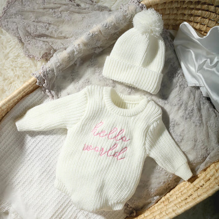 Ylsteed Hello World Knitting Newborn Photography Romper with Matching Pomp Hat Baby Boy Girl Sweater Outfits Photo Shooting-HD