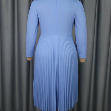 Skyblue Patchwork 3D Flower O Neck Long Sleeve Pleated Elegant Midi Dress Women Party Dresses Casual Fashion Outfit