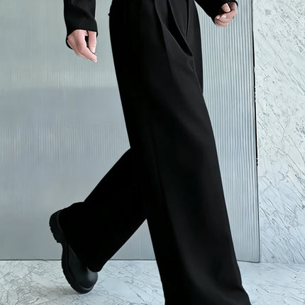 Men's high-waisted double-pleated wide-leg black suit pants, matte fabric loose floor-length trousers, Korean lazy style all-mat