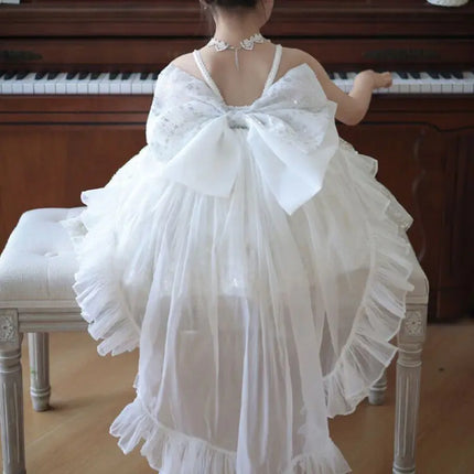 Girls' New Summer  Lace Strap Floral Bow Trailing Princess Dress