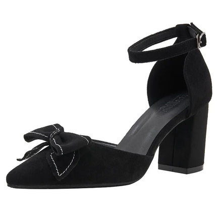 Small Size 30-44 Black Shoes Women Summer High Heel Sandals Chunky Heel Hollow Bow Women's Sandals Shoes