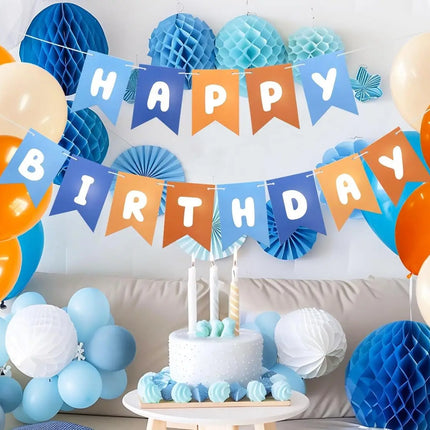 Blue and Orange Happy Birthday Banner Children's Celebration Bunting Banner Blue Orange Birthday Party Decoration Cartoon Theme