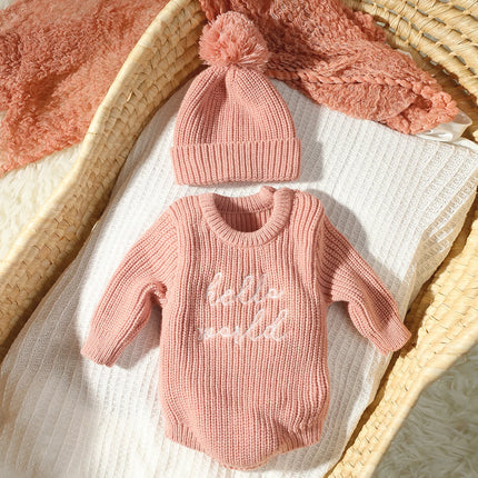 Ylsteed Hello World Knitting Newborn Photography Romper with Matching Pomp Hat Baby Boy Girl Sweater Outfits Photo Shooting-HD