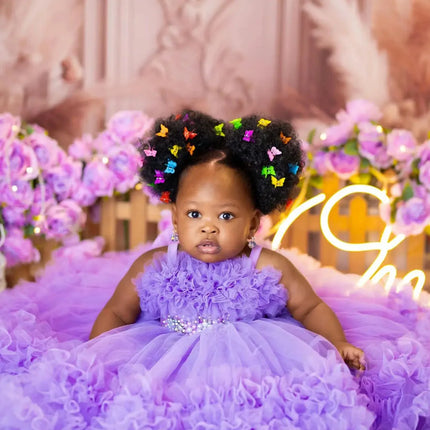 Customized Flower Girl Dress Purple Tulle Tiered Pearls Sleeveless For Wedding Birthday Party Banquet Prom Holy Communion Gown