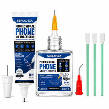 Phone Repair Glue and Adhesive Remover Kit with Precision Needle Tips and Cleaning Swabs for Screen Back Cover Frame Assembly