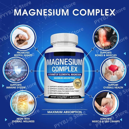Full Spectrum Magnesium Blend 1000mg Featuring 8 Essential Types for Body Function Balance, Active Lifestyle Support 90 Capsules