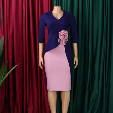 Elegant Colorblock Bodycon Dress for Women V Neck Half Sleeves 3D Flower Formal Office Lady Causal Church Formal Events Gowns